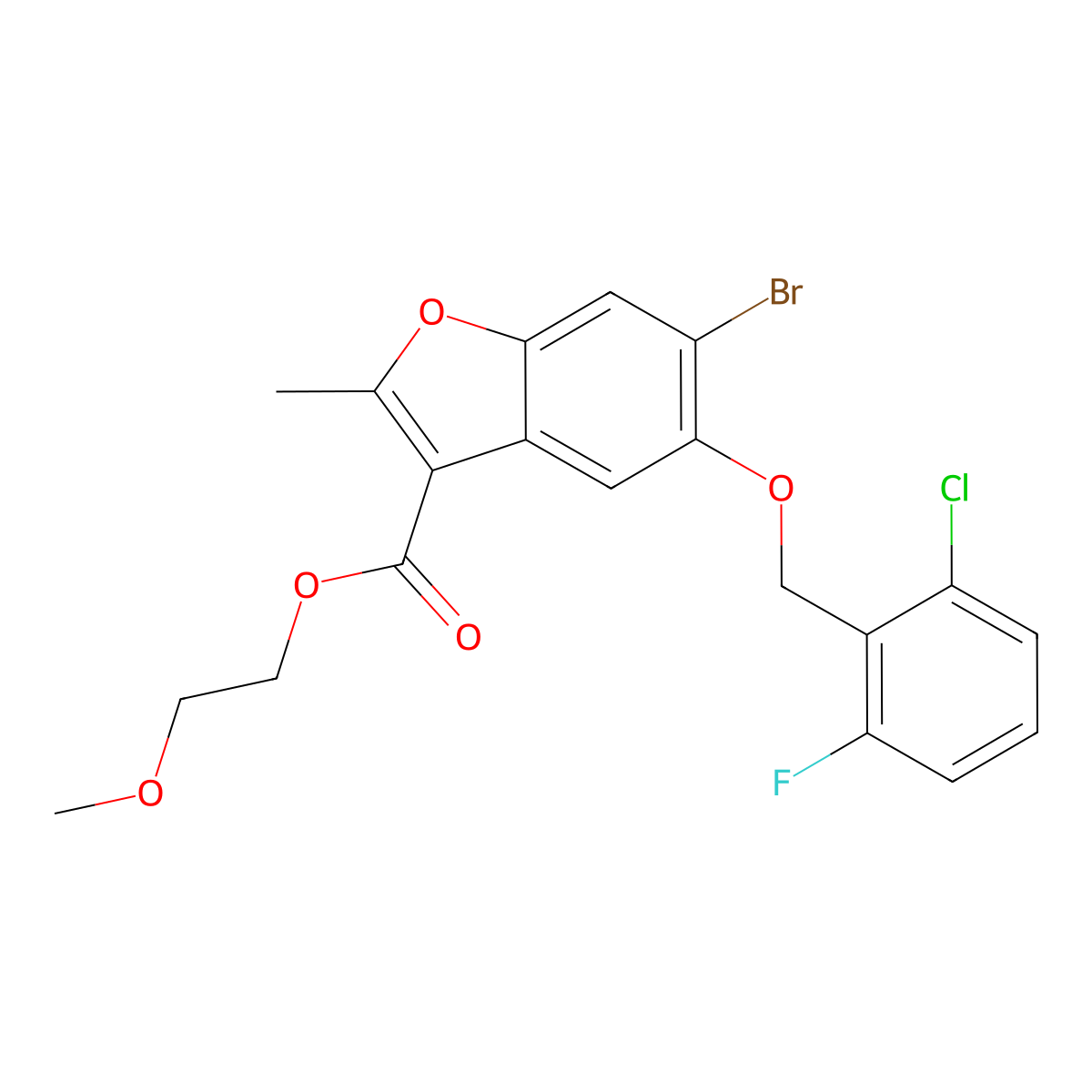 2-Methoxyethyl 6-bromo-5-[(2-chloro-6-fluorophenyl)methoxy]-2-methyl-1-benzofuran-3-carboxylate molecular structure, CAS 384802-10-2