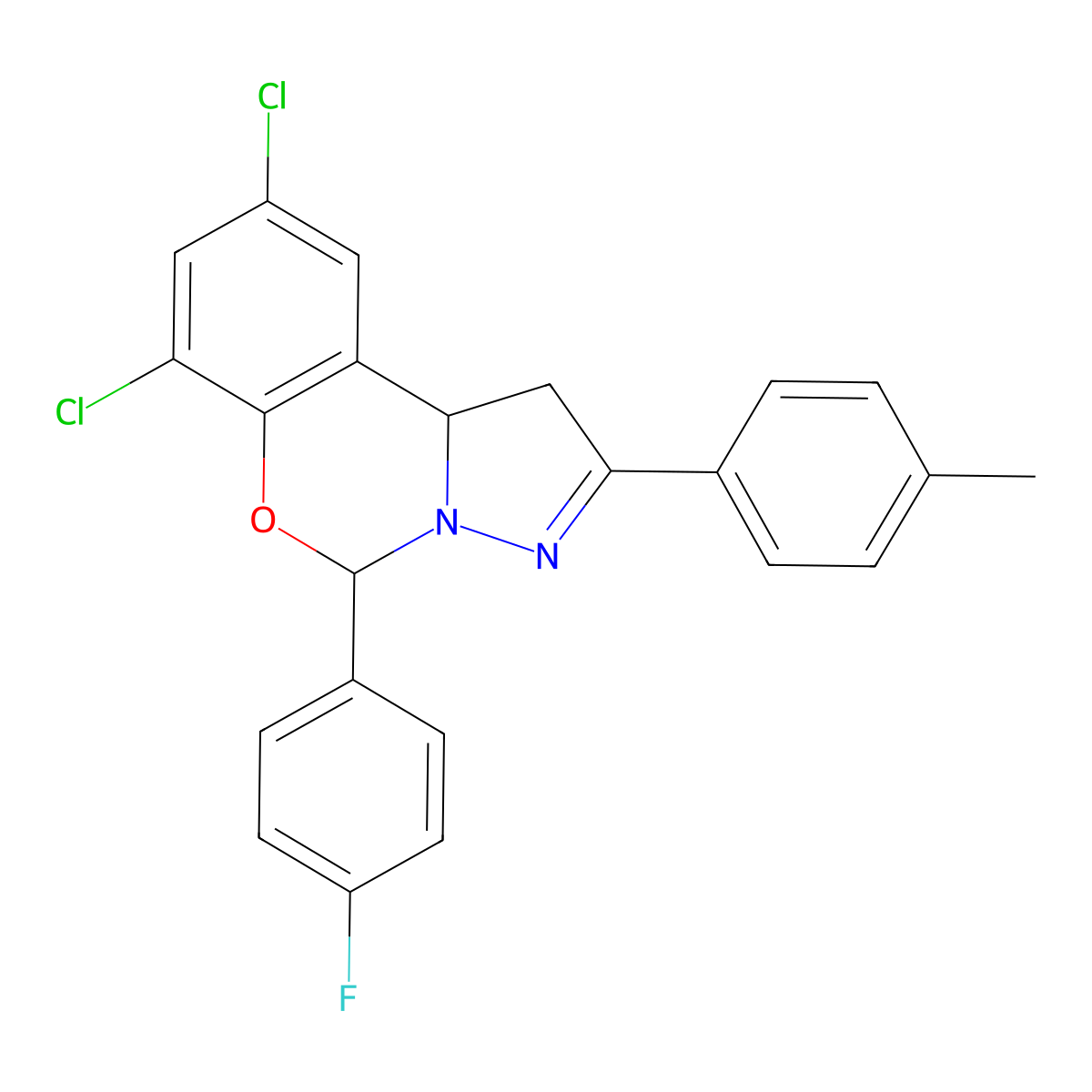 7,9-Dichloro-5-(4-fluorophenyl)-2-(4-methylphenyl)-1,10b-dihydropyrazolo[1,5-c][1,3]benzoxazine molecular structure, CAS 384802-21-5
