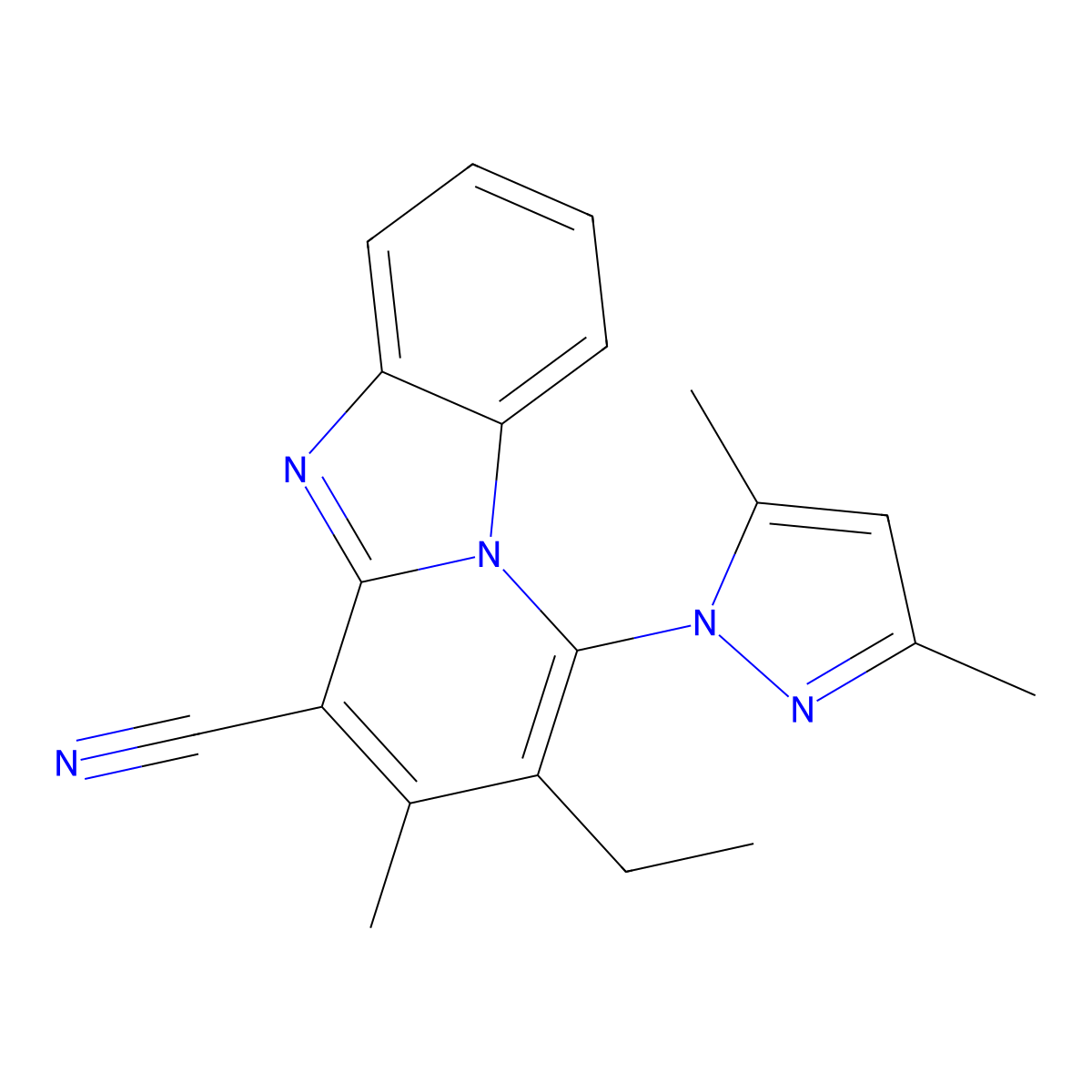1-(3,5-dimethyl-1H-pyrazol-1-yl)-2-ethyl-3-methylpyrido[1,2-a]benzimidazole-4-carbonitrile molecular structure, CAS 384802-24-8