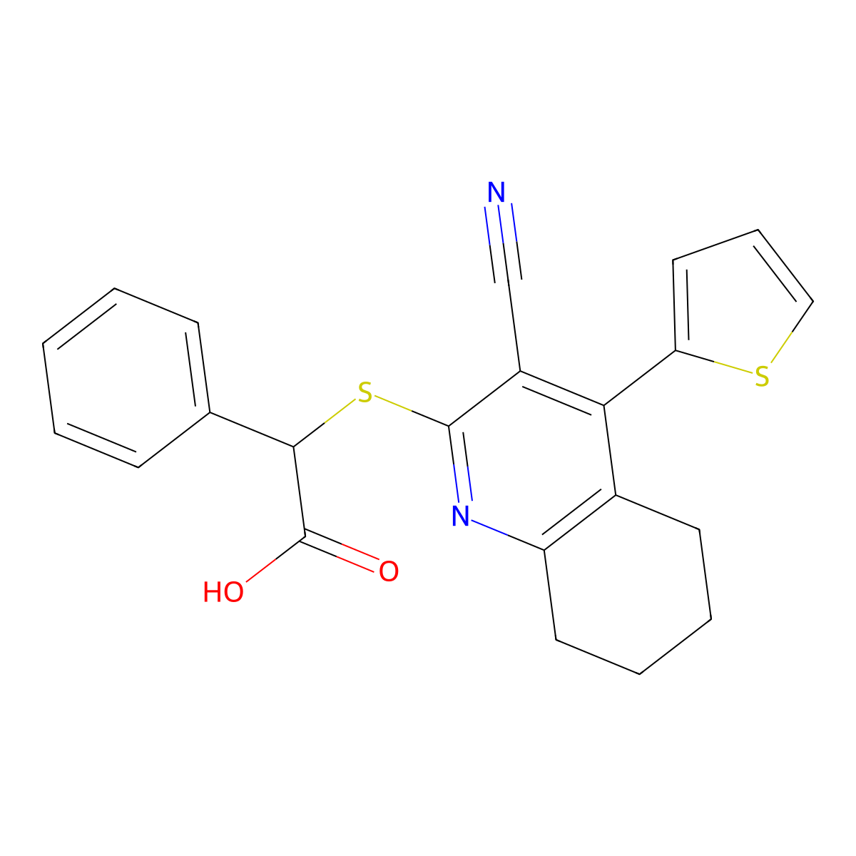 2-[(3-Cyano-4-thiophen-2-yl-5,6,7,8-tetrahydroquinolin-2-yl)thio]-2-phenylacetic acid molecular structure, CAS 384803-15-0