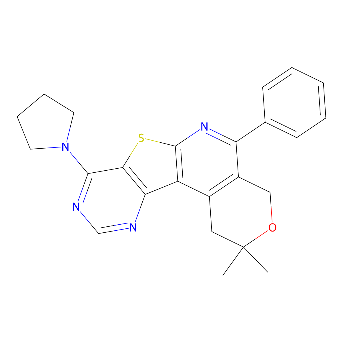 2,2-dimethyl-5-phenyl-8-(1-pyrrolidinyl)-1,4-dihydro-2H-pyrano[4'',3'':4',5']pyrido[3',2':4,5]thieno[3,2-d]pyrimidine molecular structure, CAS 384803-37-6