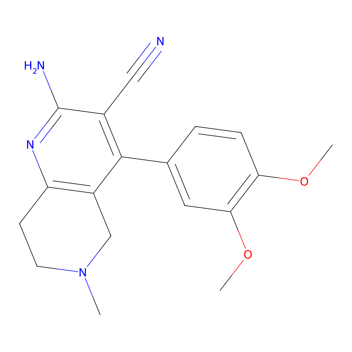 2-Amino-4-(3,4-dimethoxyphenyl)-6-methyl-5,6,7,8-tetrahydro-1,6-naphthyridine-3-carbonitrile molecular structure, CAS 384805-45-2