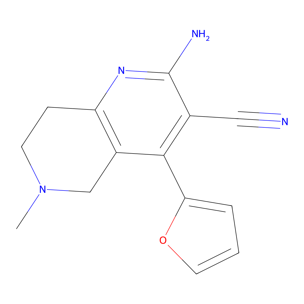 2-Amino-4-(furan-2-yl)-6-methyl-5,6,7,8-tetrahydro-1,6-naphthyridine-3-carbonitrile molecular structure, CAS 384805-46-3