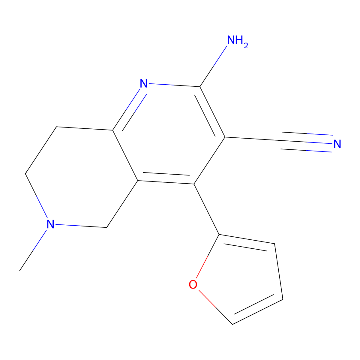 2-Amino-4-(furan-2-yl)-6-methyl-5,6,7,8-tetrahydro-1,6-naphthyridine-3-carbonitrile molecular structure, CAS 384805-46-3