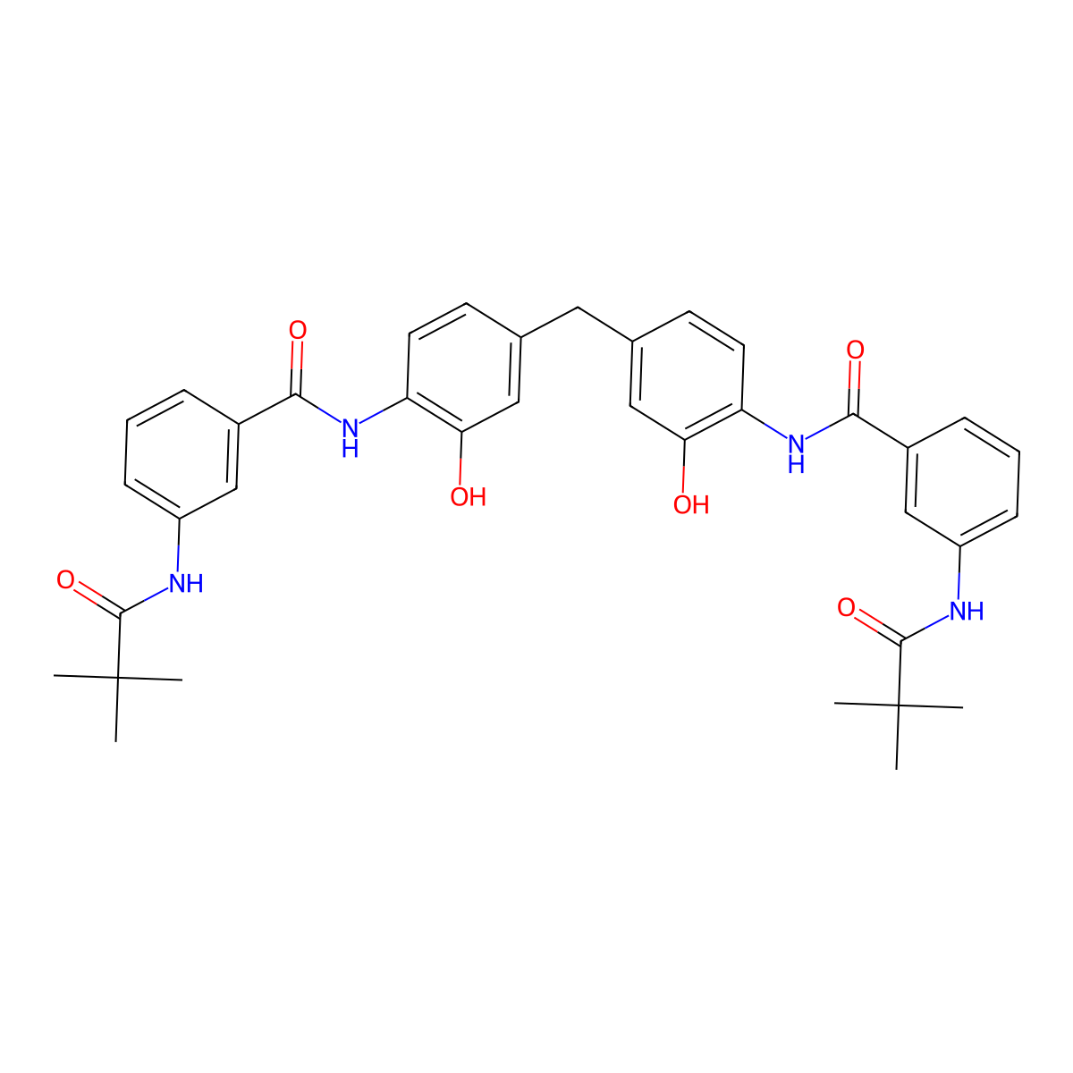3-(2,2-dimethylpropanoylamino)-N-[4-[[4-[[3-(2,2-dimethylpropanoylamino)benzoyl]amino]-3-hydroxyphenyl]methyl]-2-hydroxyphenyl]benzamide molecular structure, CAS 384807-20-9