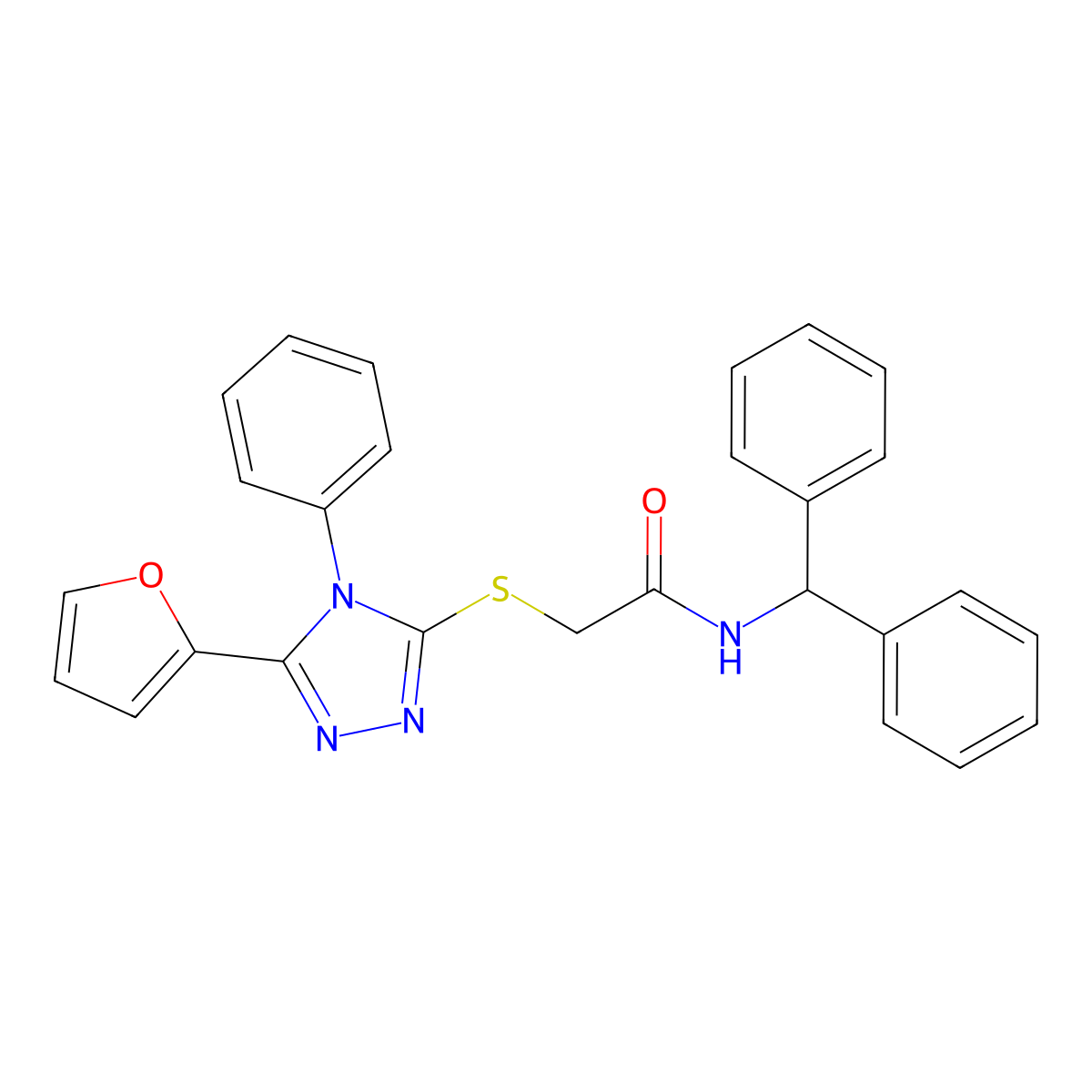 N-benzhydryl-2-[[5-(furan-2-yl)-4-phenyl-1,2,4-triazol-3-yl]sulfanyl]acetamide molecular structure, CAS 384810-39-3
