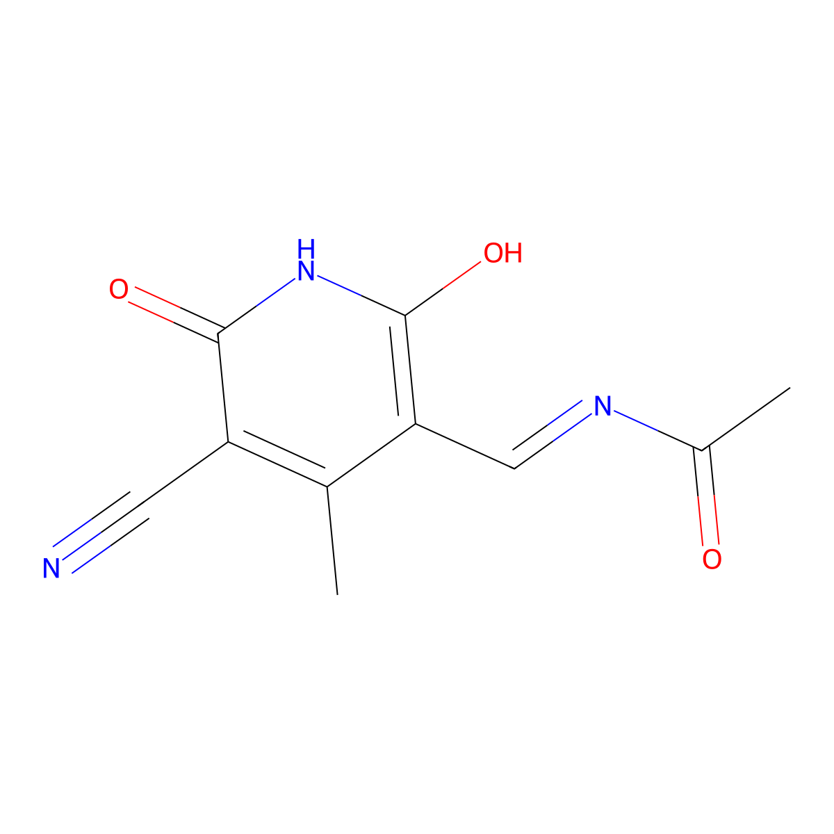 Pyridine-3-carbonitrile, 2,5-dihydro-5-acetylaminomethylene-6-hydroxy-4-methyl-2-oxo- molecular structure, CAS 384815-06-9