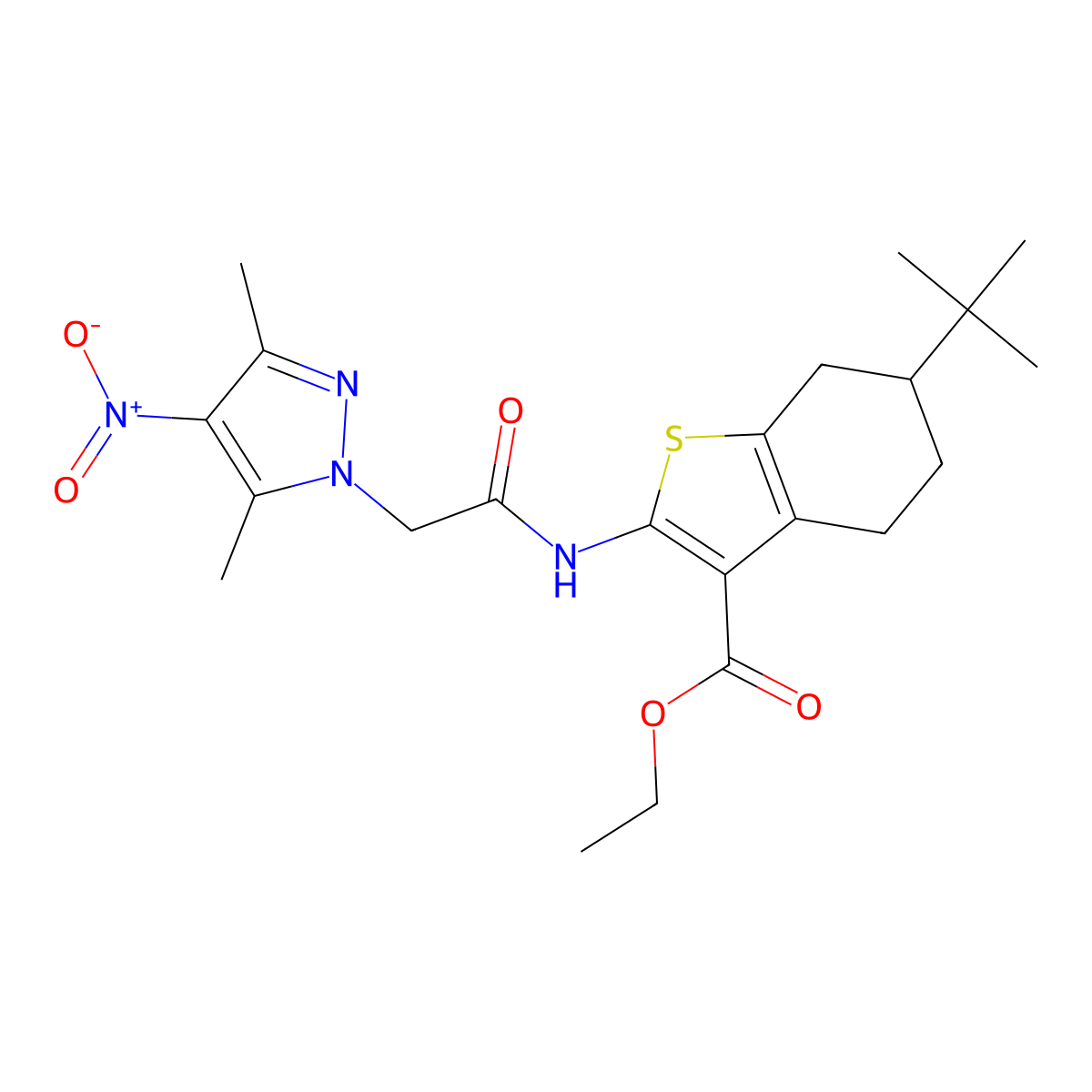 ethyl 6-(tert-butyl)-2-(2-(3,5-dimethyl-4-nitro-1H-pyrazol-1-yl)acetamido)-4,5,6,7-tetrahydrobenzo[b]thiophene-3-carboxylate molecular structure, CAS 384821-64-1