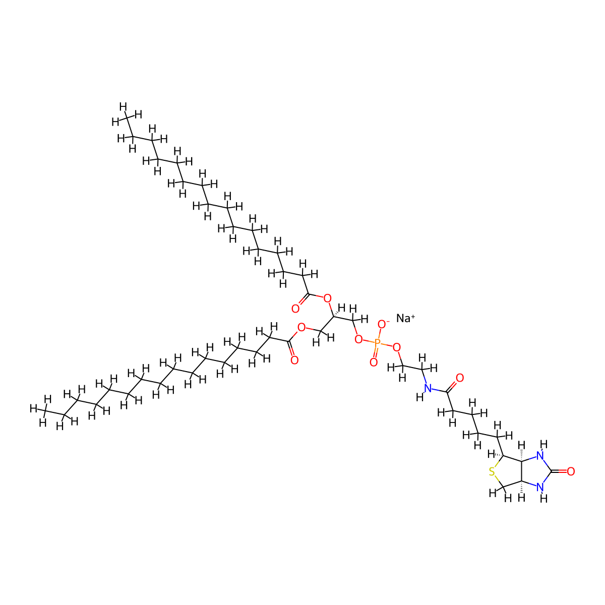Sodium (2R)-2,3-bis(hexadecanoyloxy)propyl 2-({5-[(3aS,4S,6aR)-2-oxohexahydro-1H-thieno[3,4-d]imidazol-4-yl]pentanoyl}amino)ethyl phosphate molecular structure, CAS 384835-54-5