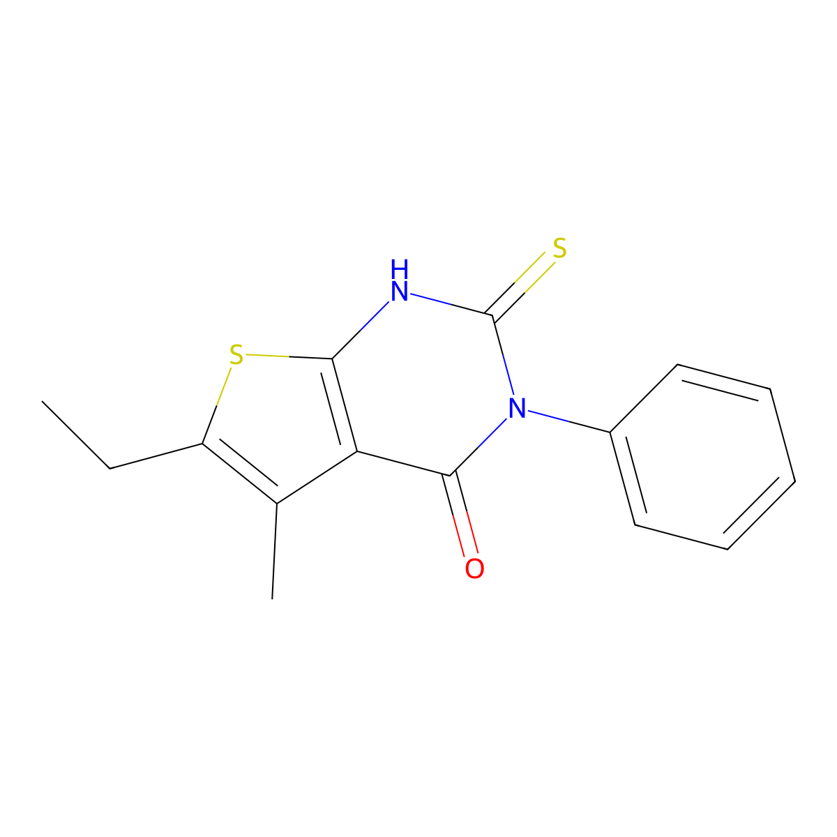 6-ethyl-5-methyl-3-phenyl-2-sulfanylidene-1H-thieno[2,3-d]pyrimidin-4-one molecular structure, CAS 384846-21-3