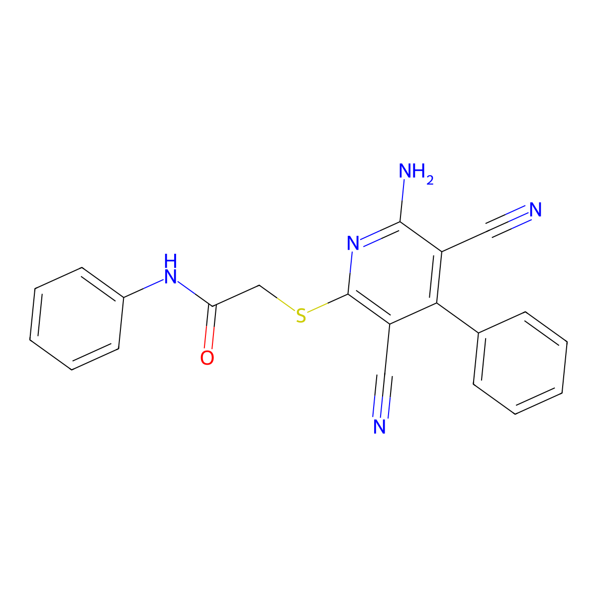 2-((6-amino-3,5-dicyano-4-phenylpyridin-2-yl)thio)-N-phenylacetamide molecular structure, CAS 384858-40-6