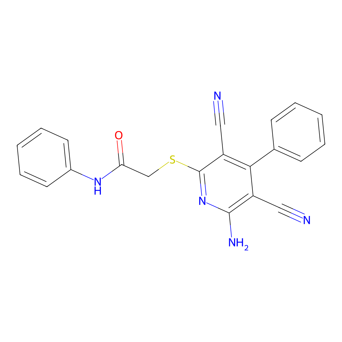 2-((6-amino-3,5-dicyano-4-phenylpyridin-2-yl)thio)-N-phenylacetamide molecular structure, CAS 384858-40-6