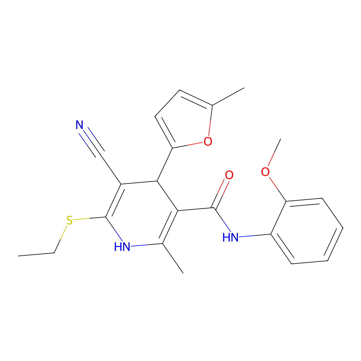 5-cyano-6-(ethylsulfanyl)-N-(2-methoxyphenyl)-2-methyl-4-(5-methylfuran-2-yl)-1,4-dihydropyridine-3-carboxamide molecular structure, CAS 384858-44-0