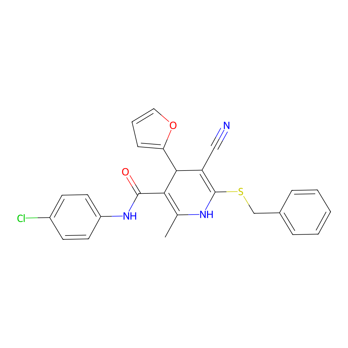 6-(benzylsulfanyl)-N-(4-chlorophenyl)-5-cyano-4-(furan-2-yl)-2-methyl-1,4-dihydropyridine-3-carboxamide molecular structure, CAS 384858-59-7