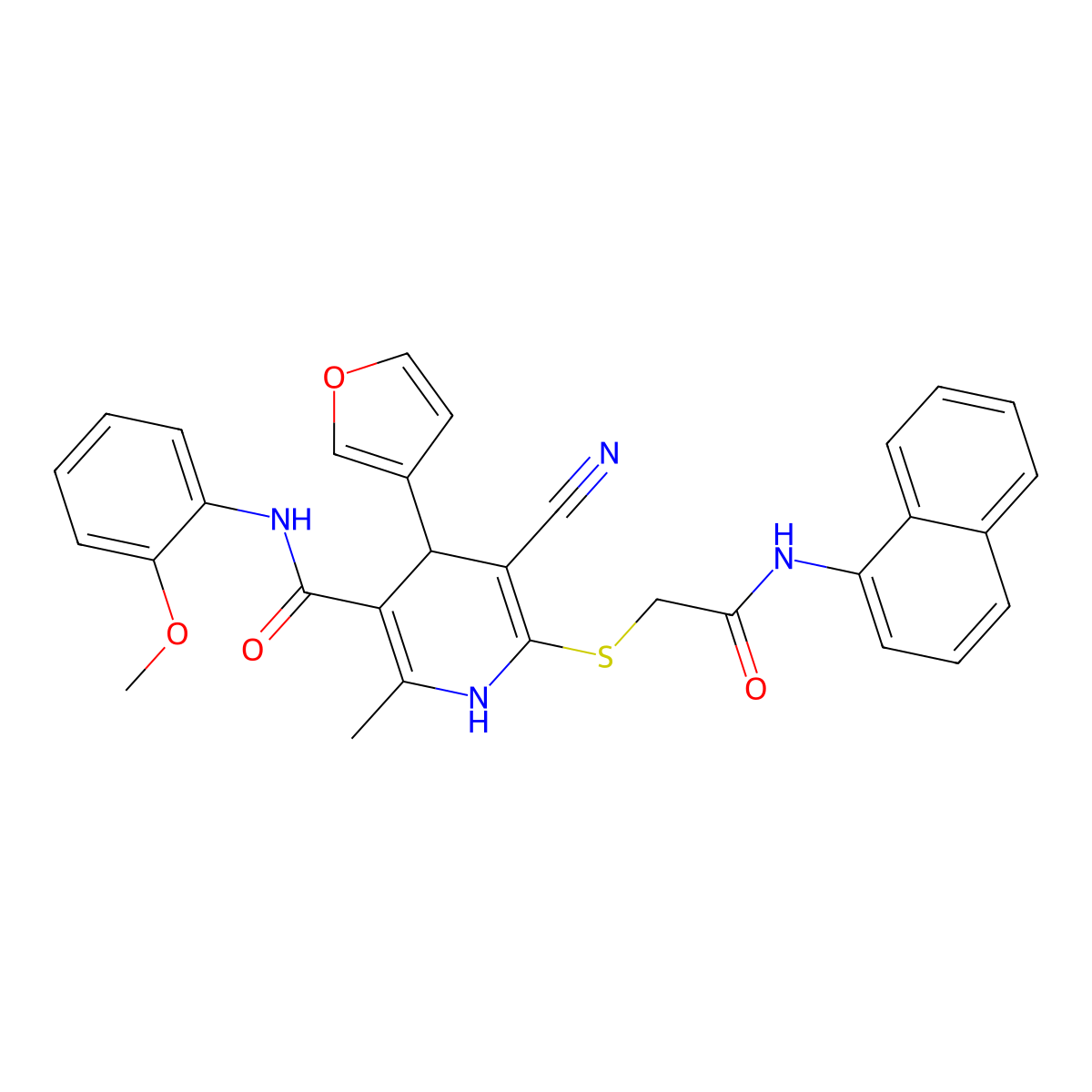 5-cyano-4-(furan-3-yl)-N-(2-methoxyphenyl)-2-methyl-6-((2-(naphthalen-1-ylamino)-2-oxoethyl)thio)-1,4-dihydropyridine-3-carboxamide molecular structure, CAS 384858-61-1