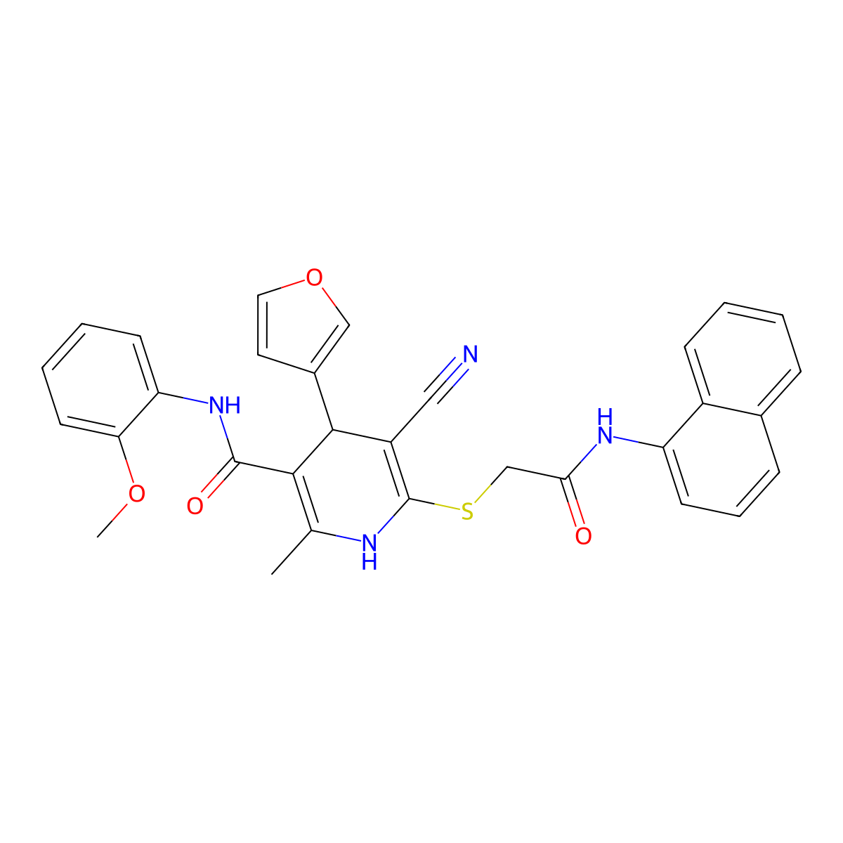 5-cyano-4-(furan-3-yl)-N-(2-methoxyphenyl)-2-methyl-6-((2-(naphthalen-1-ylamino)-2-oxoethyl)thio)-1,4-dihydropyridine-3-carboxamide molecular structure, CAS 384858-61-1