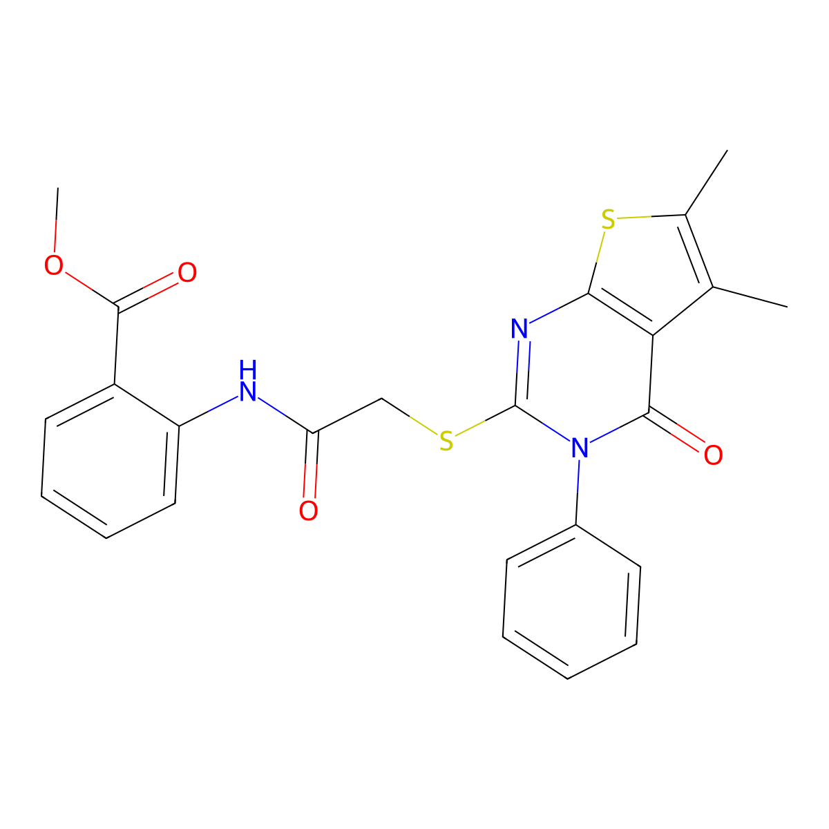Methyl 2-({[(5,6-dimethyl-4-oxo-3-phenyl-3,4-dihydrothieno[2,3-d]pyrimidin-2-yl)sulfanyl]acetyl}amino)benzoate molecular structure, CAS 384859-11-4