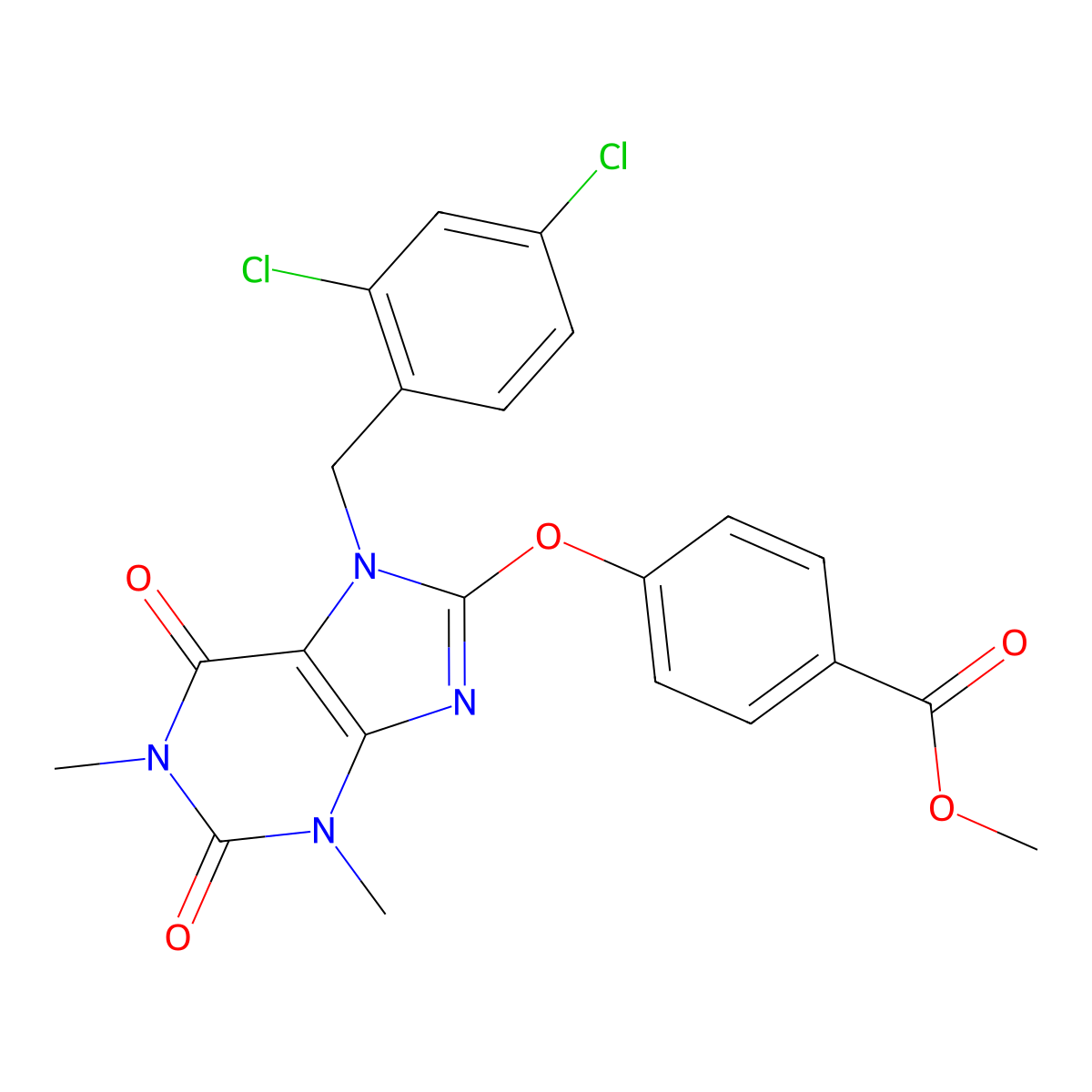 methyl 4-{[7-(2,4-dichlorobenzyl)-1,3-dimethyl-2,6-dioxo-2,3,6,7-tetrahydro-1H-purin-8-yl]oxy}benzoate molecular structure, CAS 384860-32-6