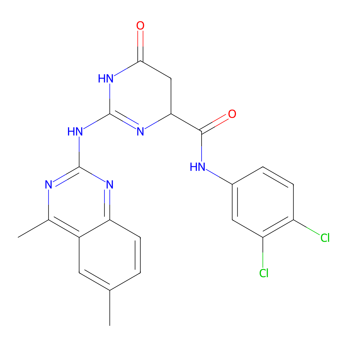 N-(3,4-dichlorophenyl)-2-[(4,6-dimethylquinazolin-2-yl)amino]-6-oxo-1,4,5,6-tetrahydropyrimidine-4-carboxamide molecular structure, CAS 385370-87-6
