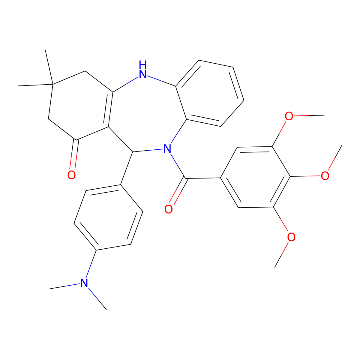 11-[4-(dimethylamino)phenyl]-3,3-dimethyl-10-(3,4,5-trimethoxybenzoyl)-2,3,4,5,10,11-hexahydro-1H-dibenzo[b,e][1,4]diazepin-1-one molecular structure, CAS 385374-02-7
