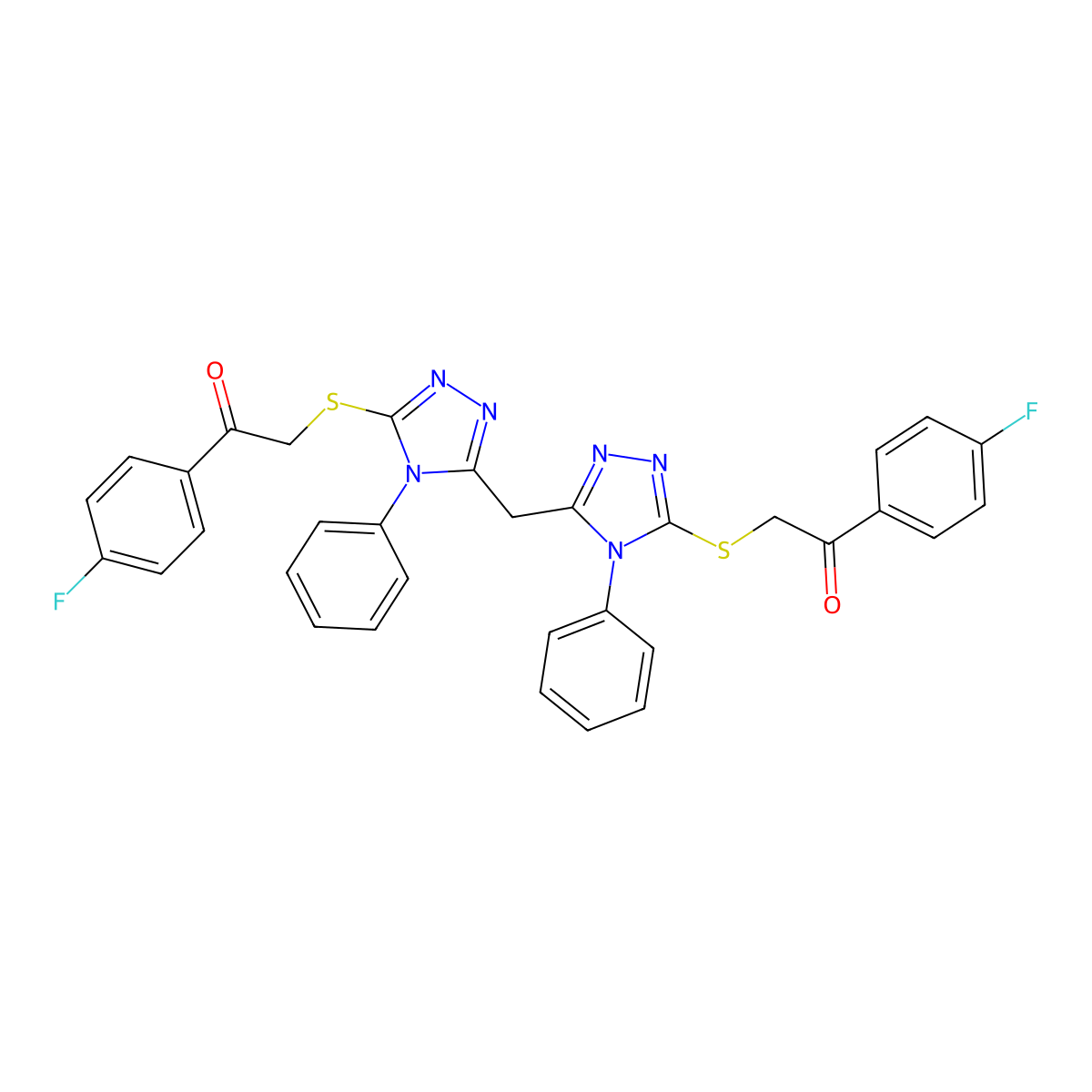 1-(4-Fluorophenyl)-2-[[5-[[5-[2-(4-fluorophenyl)-2-oxoethyl]sulfanyl-4-phenyl-1,2,4-triazol-3-yl]methyl]-4-phenyl-1,2,4-triazol-3-yl]sulfanyl]ethanone molecular structure, CAS 385374-06-1