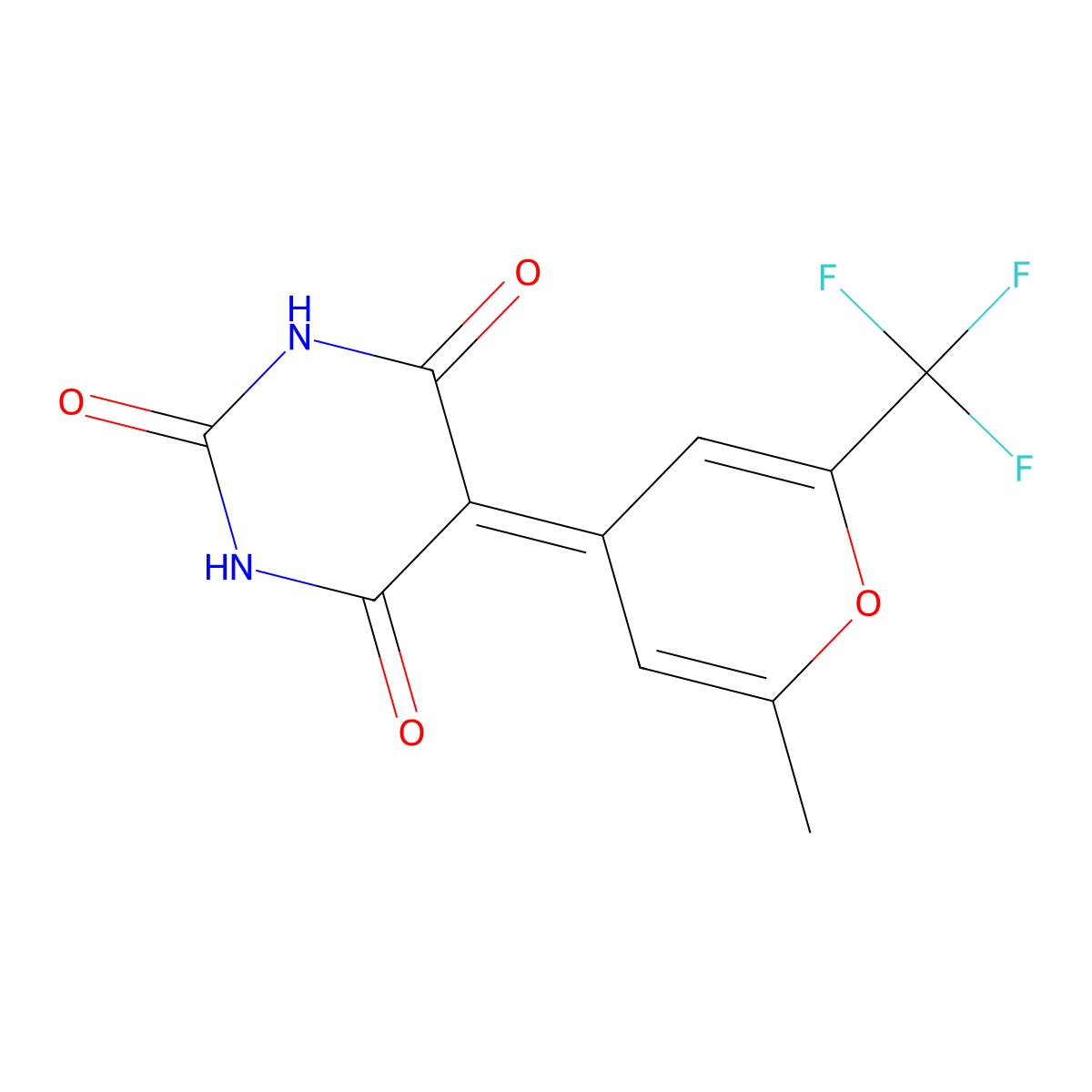 5-[2-Methyl-6-(trifluoromethyl)-4H-pyran-4-ylidene]-2,4,6(1H,3H,5H)-pyrimidinetrione molecular structure, CAS 385374-19-6