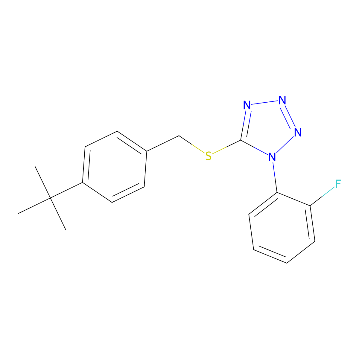 5-(((4-(1,1-Dimethylethyl)phenyl)methyl)thio)-1-(2-fluorophenyl)-1H-tetrazole molecular structure, CAS 385376-08-9