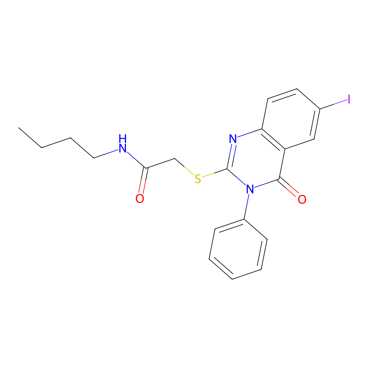 N-butyl-2-(6-iodo-4-oxo-3-phenylquinazolin-2-yl)sulfanylacetamide molecular structure, CAS 385378-48-3