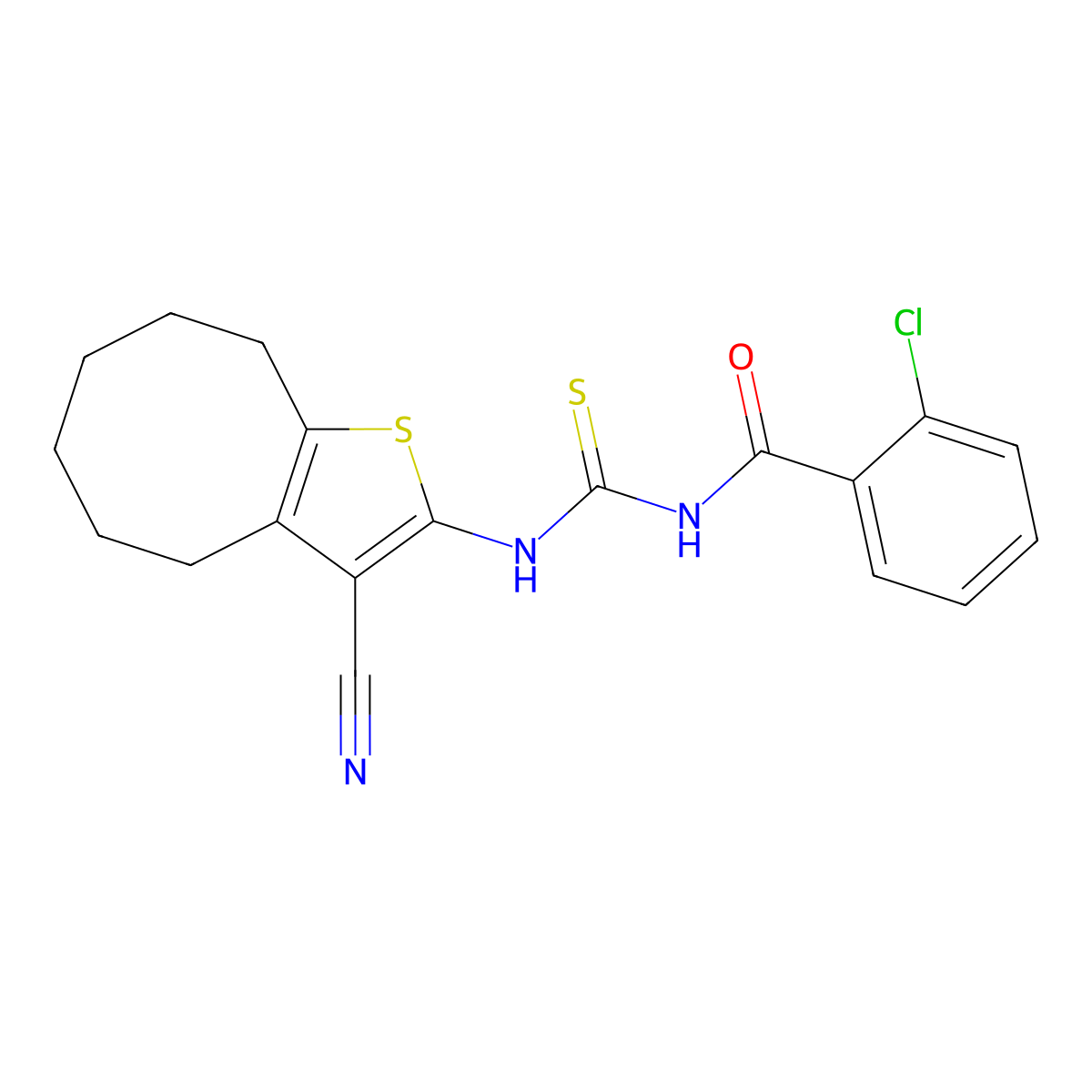 2-chloro-N-[(3-cyano-4,5,6,7,8,9-hexahydrocycloocta[b]thiophen-2-yl)carbamothioyl]benzamide molecular structure, CAS 385379-48-6
