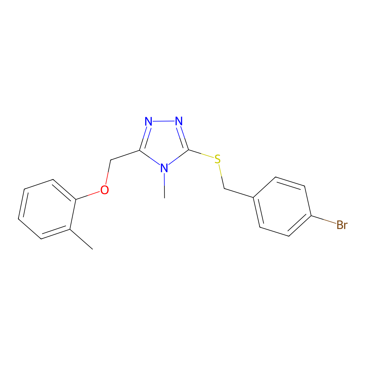 3-[(4-Bromophenyl)methylsulfanyl]-4-methyl-5-[(2-methylphenoxy)methyl]-1,2,4-triazole molecular structure, CAS 385382-38-7