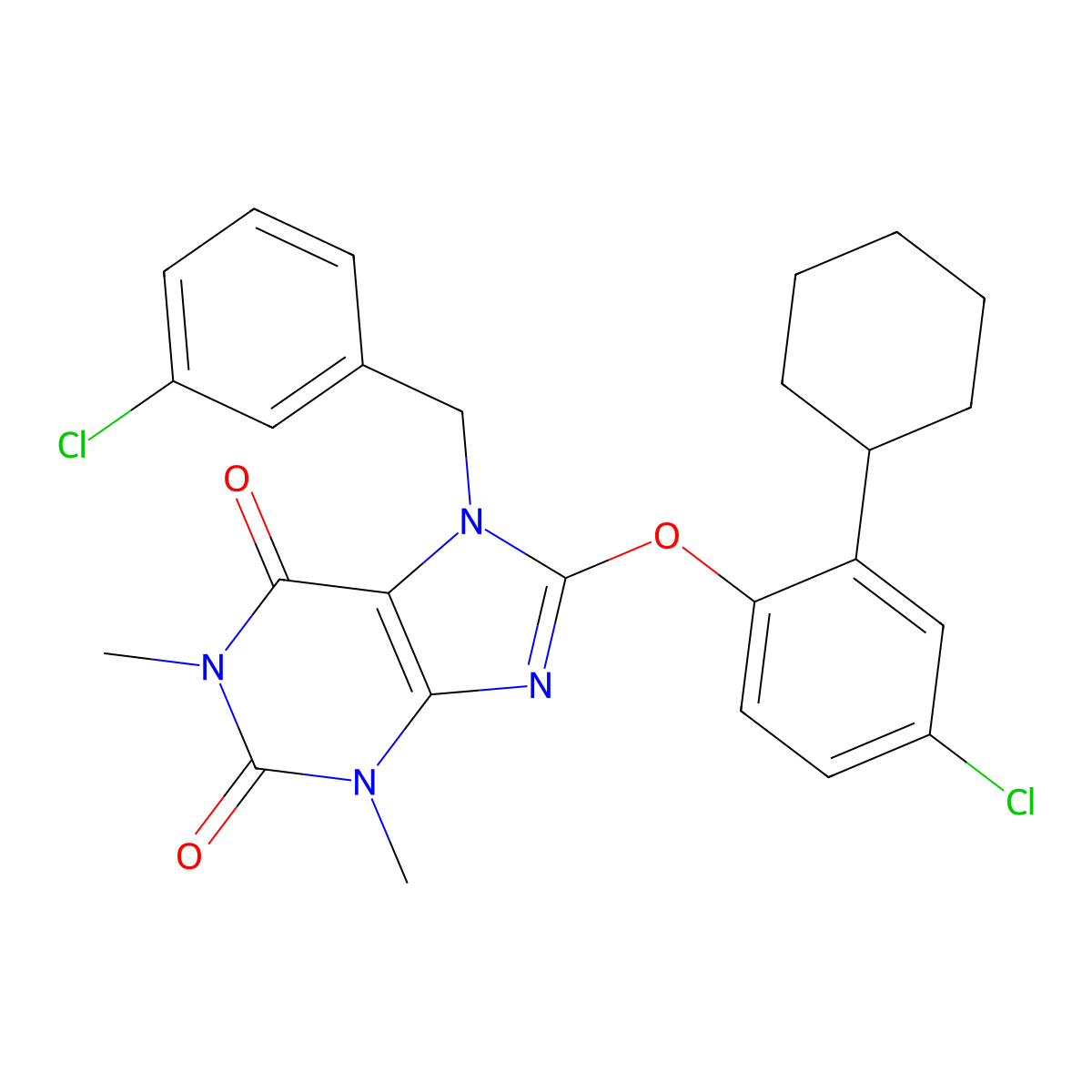 8-(4-Chloro-2-cyclohexylphenoxy)-7-[(3-chlorophenyl)methyl]-1,3-dimethylpurine-2,6-dione molecular structure, CAS 385383-20-0