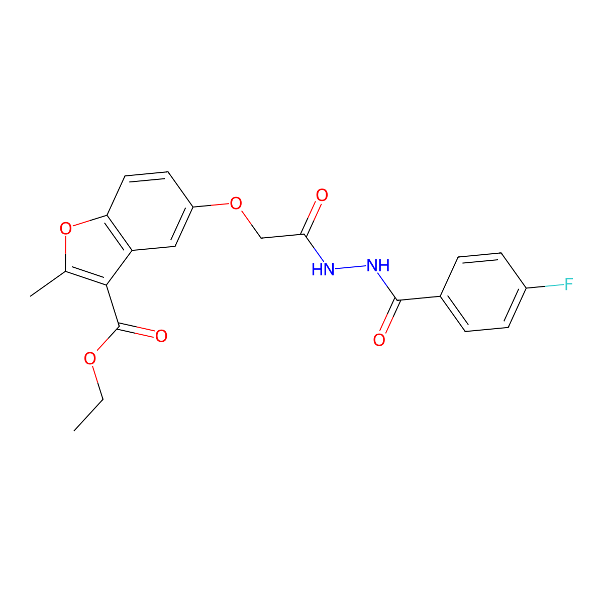 Ethyl 5-(2-(2-(4-fluorobenzoyl)hydrazinyl)-2-oxoethoxy)-2-methylbenzofuran-3-carboxylate molecular structure, CAS 385385-43-3
