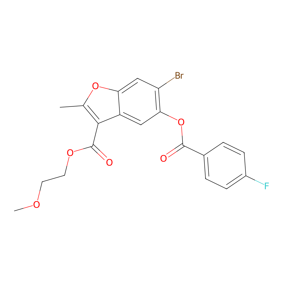 2-Methoxyethyl 6-bromo-5-((4-fluorobenzoyl)oxy)-2-methylbenzofuran-3-carboxylate molecular structure, CAS 385385-98-8