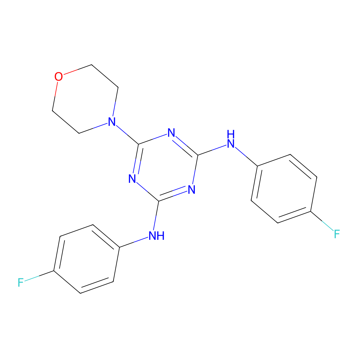 N,N'-bis(4-fluorophenyl)-6-(morpholin-4-yl)-1,3,5-triazine-2,4-diamine molecular structure, CAS 385386-00-5
