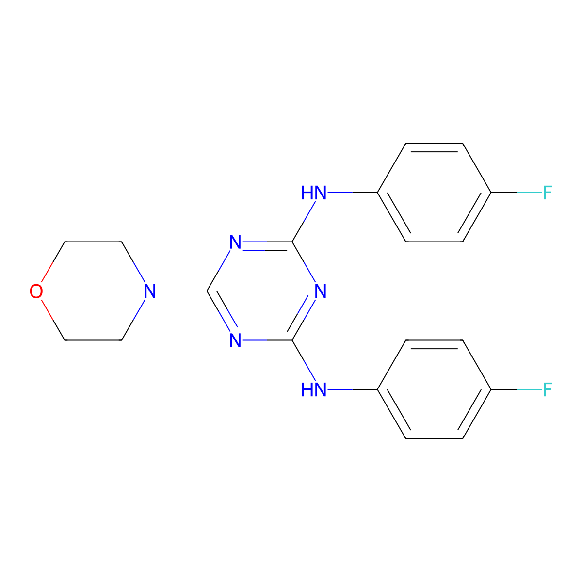 N,N'-bis(4-fluorophenyl)-6-(morpholin-4-yl)-1,3,5-triazine-2,4-diamine molecular structure, CAS 385386-00-5