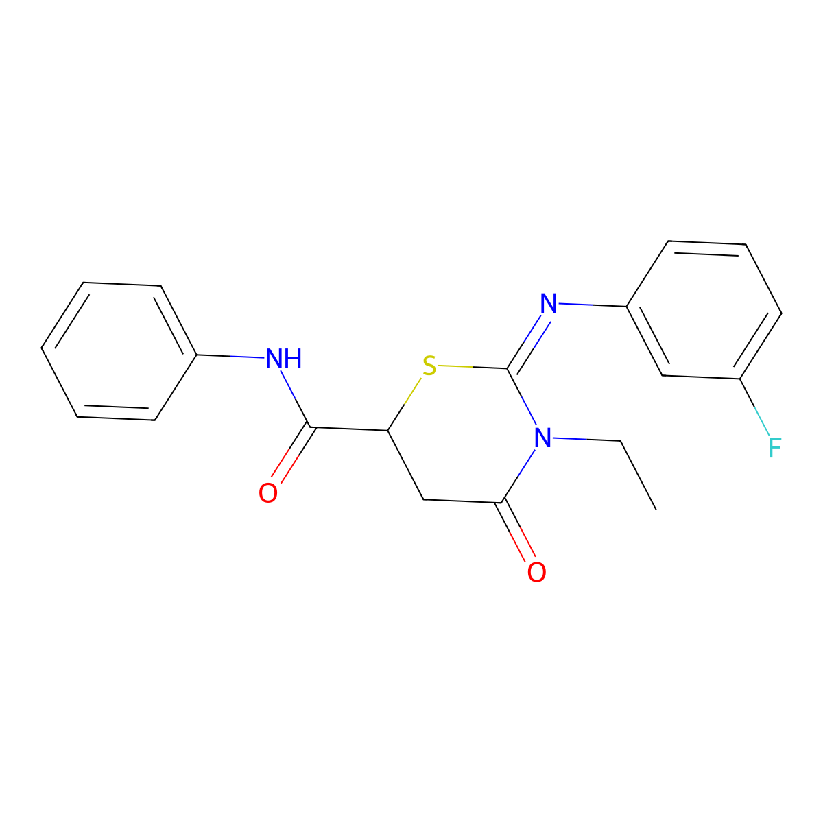 (2Z)-3-ethyl-2-[(3-fluorophenyl)imino]-4-oxo-N-phenyl-1,3-thiazinane-6-carboxamide molecular structure, CAS 385386-04-9