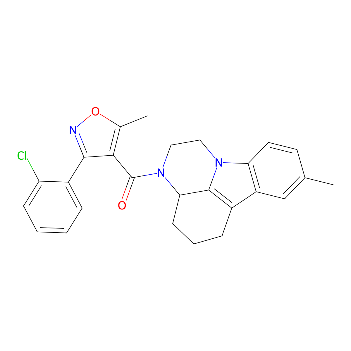 (3-(2-chlorophenyl)-5-methylisoxazol-4-yl)(8-methyl-3a,4,5,6-tetrahydro-1H-pyrazino[3,2,1-jk]carbazol-3(2H)-yl)methanone molecular structure, CAS 385386-50-5