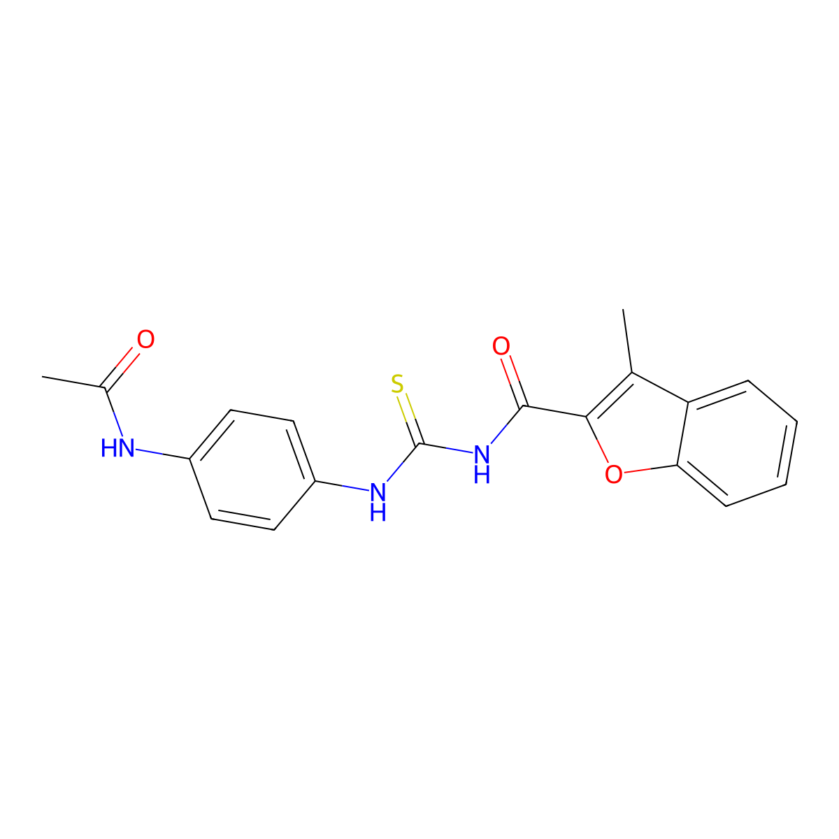 N-[(4-acetamidophenyl)carbamothioyl]-3-methyl-1-benzofuran-2-carboxamide molecular structure, CAS 385386-80-1