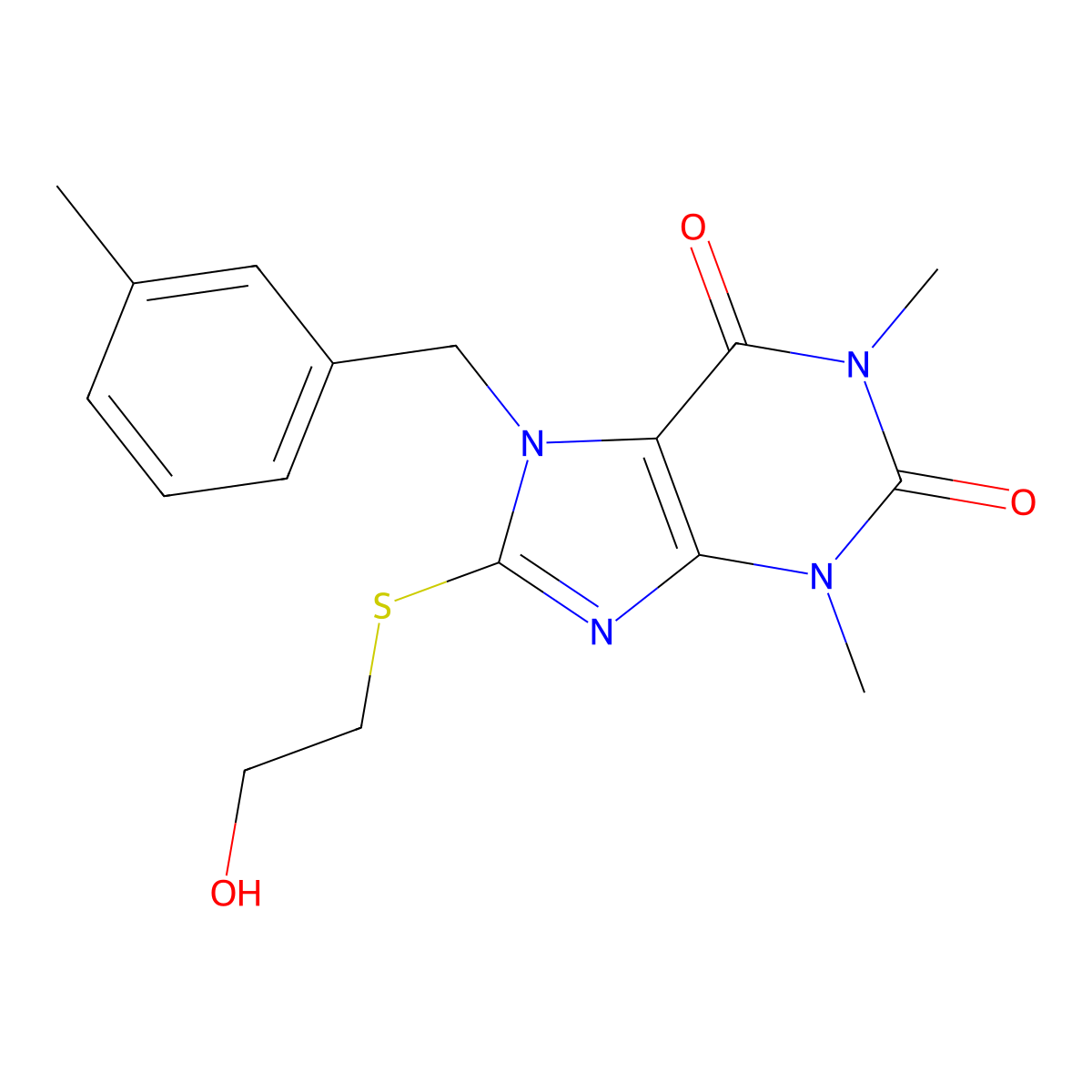 8-((2-hydroxyethyl)thio)-1,3-dimethyl-7-(3-methylbenzyl)-1H-purine-2,6(3H,7H)-dione molecular structure, CAS 385386-91-4