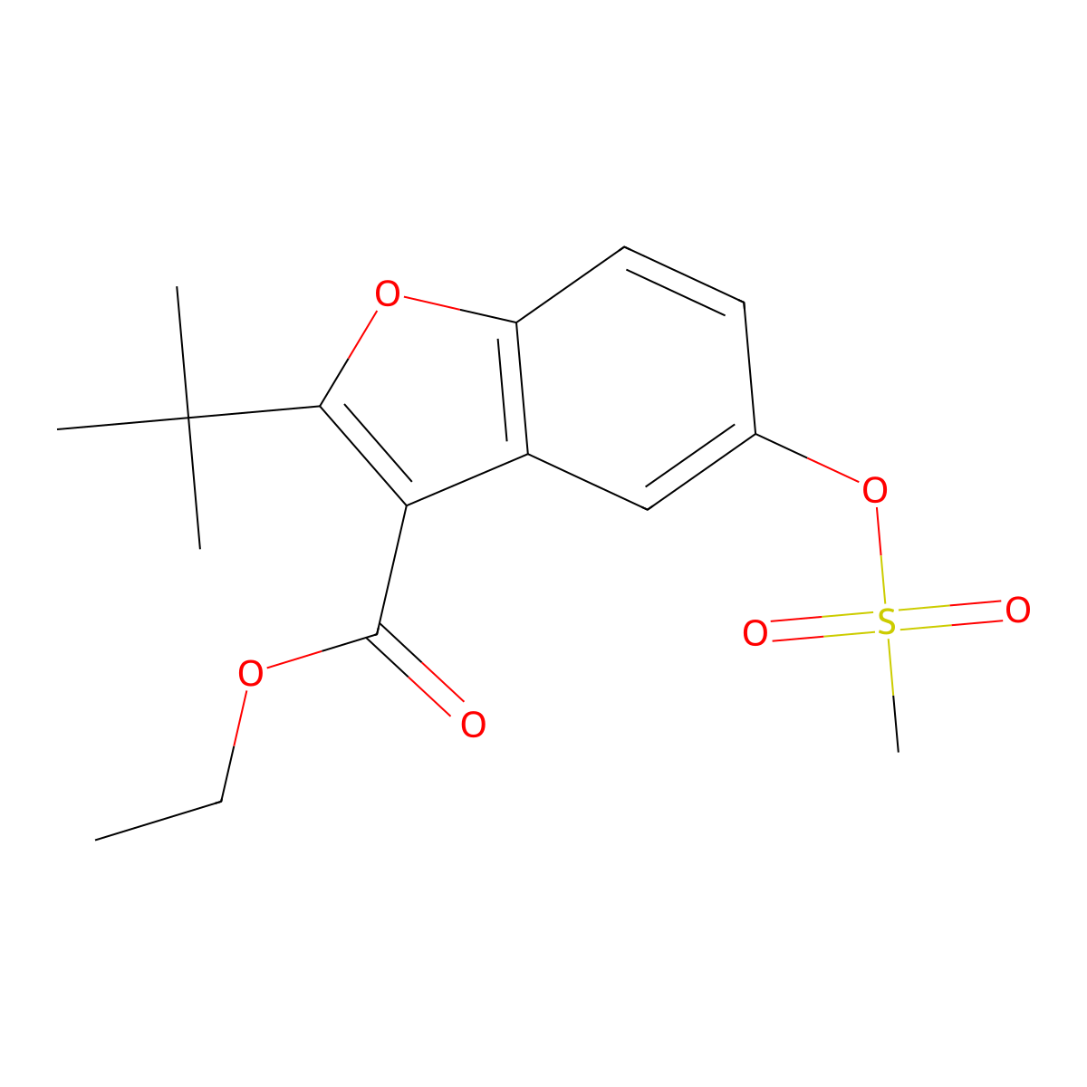 Ethyl 2-(tert-butyl)-5-((methylsulfonyl)oxy)benzofuran-3-carboxylate molecular structure, CAS 385387-12-2