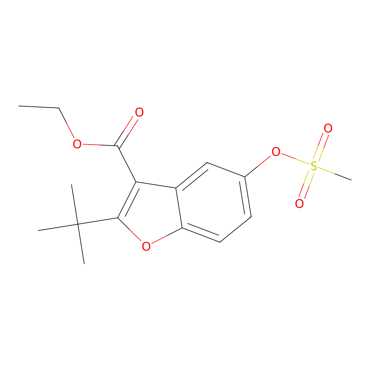 Ethyl 2-(tert-butyl)-5-((methylsulfonyl)oxy)benzofuran-3-carboxylate molecular structure, CAS 385387-12-2