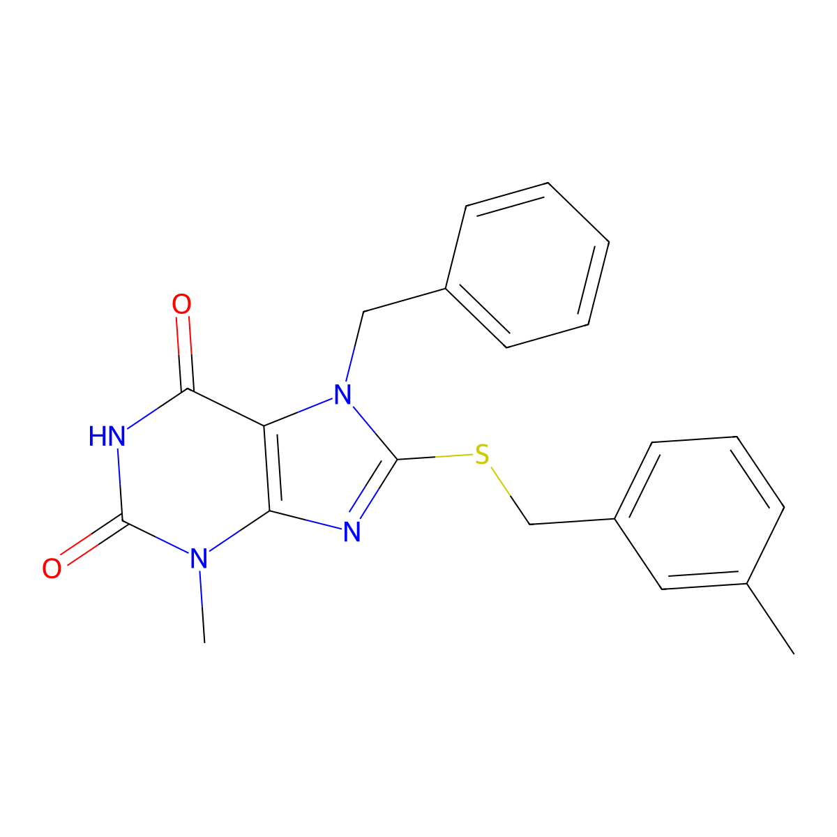 7-Benzyl-3-methyl-8-((3-methylbenzyl)thio)-3,7-dihydro-1H-purine-2,6-dione molecular structure, CAS 385387-73-5