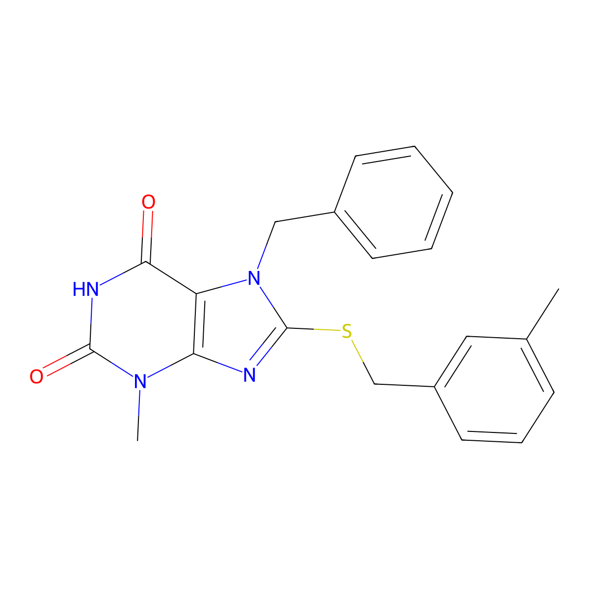 7-Benzyl-3-methyl-8-((3-methylbenzyl)thio)-3,7-dihydro-1H-purine-2,6-dione molecular structure, CAS 385387-73-5
