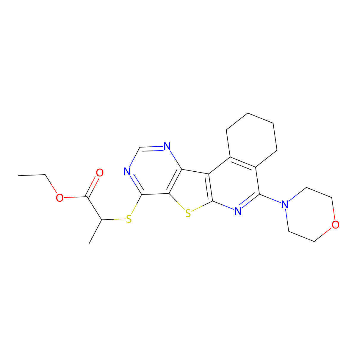 Ethyl 2-{[5-(morpholin-4-yl)-1,2,3,4-tetrahydropyrimido[4',5':4,5]thieno[2,3-c]isoquinolin-8-yl]sulfanyl}propanoate molecular structure, CAS 385387-85-9