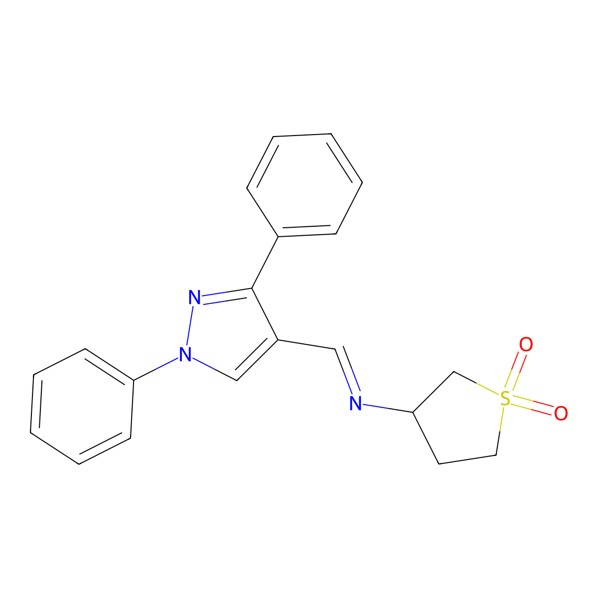 (E)-3-(((1,3-diphenyl-1H-pyrazol-4-yl)methylene)amino)tetrahydrothiophene 1,1-dioxide molecular structure, CAS 385388-11-4