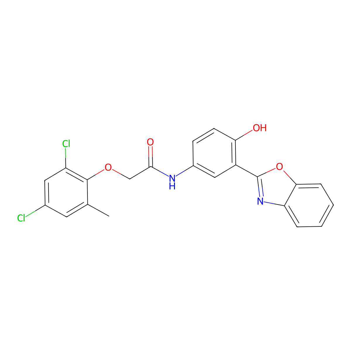 N-[3-(1,3-benzoxazol-2-yl)-4-hydroxyphenyl]-2-(2,4-dichloro-6-methylphenoxy)acetamide molecular structure, CAS 385388-15-8