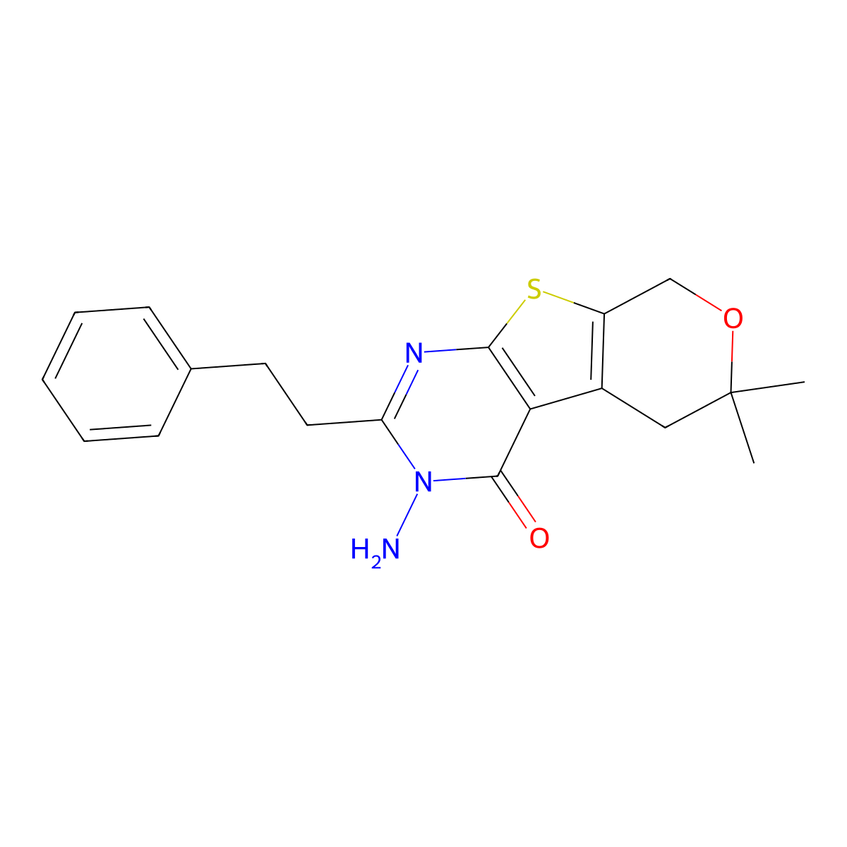 3-Amino-6,6-dimethyl-2-(2-phenylethyl)-5,8-dihydropyrano[2,3]thieno[2,4-d]pyrimidin-4-one molecular structure, CAS 385388-92-1