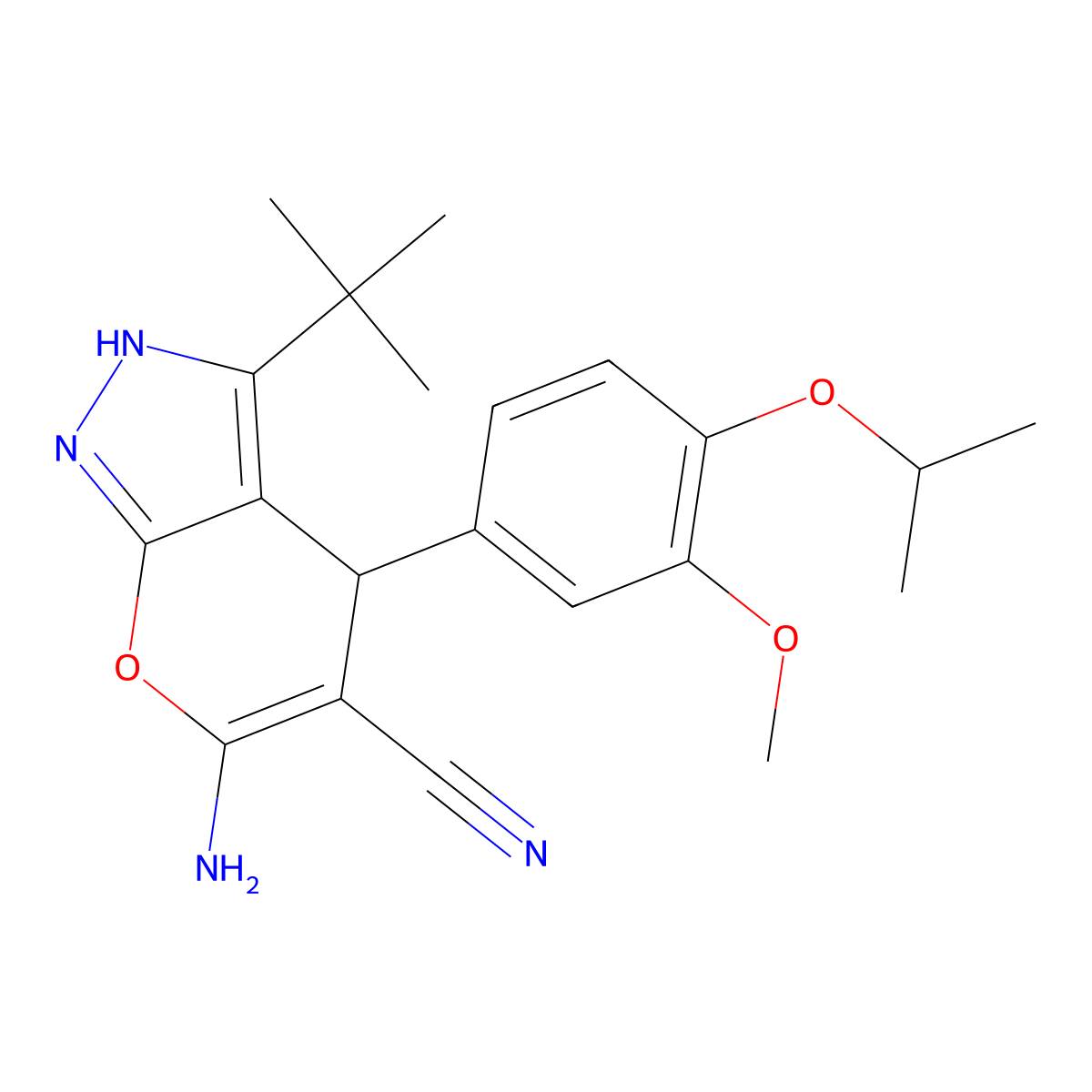 6-Amino-3-tert-butyl-4-(4-isopropoxy-3-methoxyphenyl)-2,4-dihydropyrano[2,3-c]pyrazole-5-carbonitrile molecular structure, CAS 385389-23-1