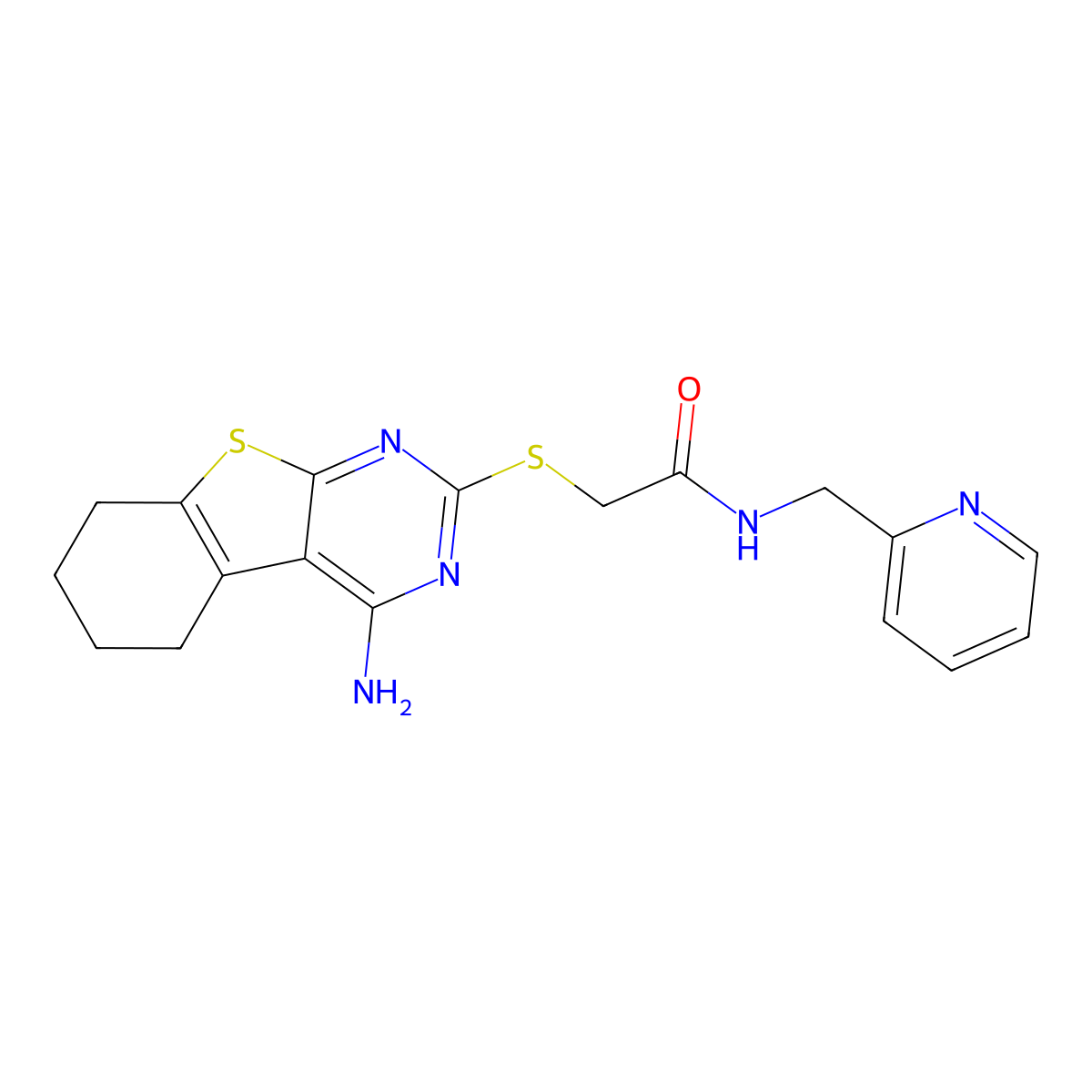 2-(4-amino(5,6,7,8-tetrahydrobenzo[b]thiopheno[2,3-d]pyrimidin-2-ylthio))-N-(2-pyridylmethyl)acetamide molecular structure, CAS 385389-82-2