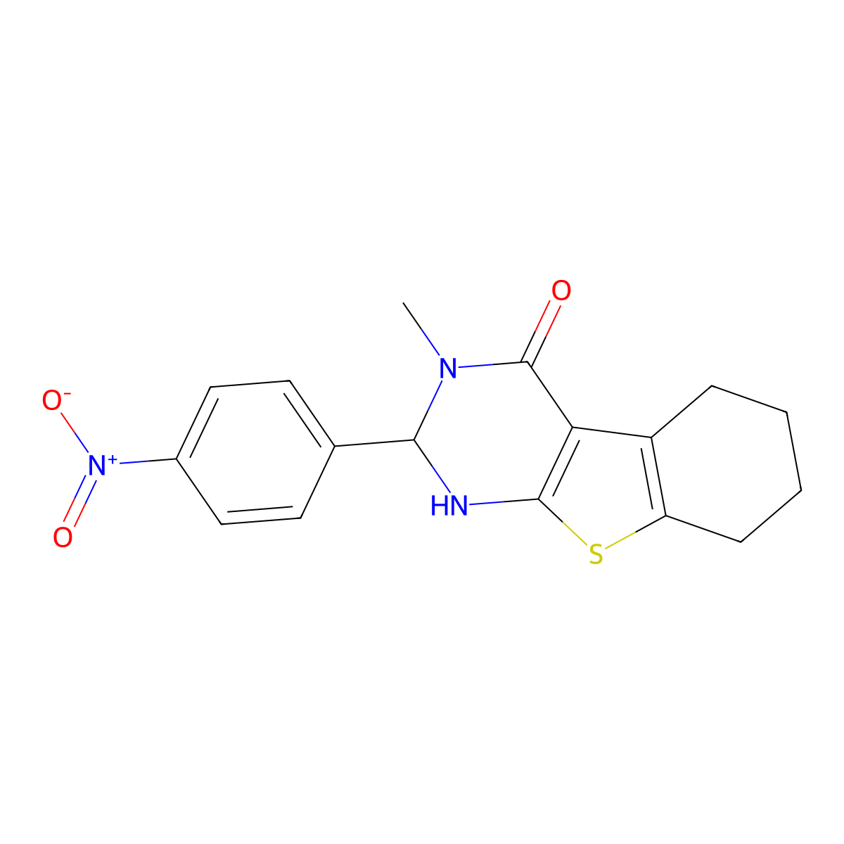 3-Methyl-2-(4-nitrophenyl)-1,2,5,6,7,8-hexahydro-[1]benzothiolo[2,3-d]pyrimidin-4-one molecular structure, CAS 385390-03-4